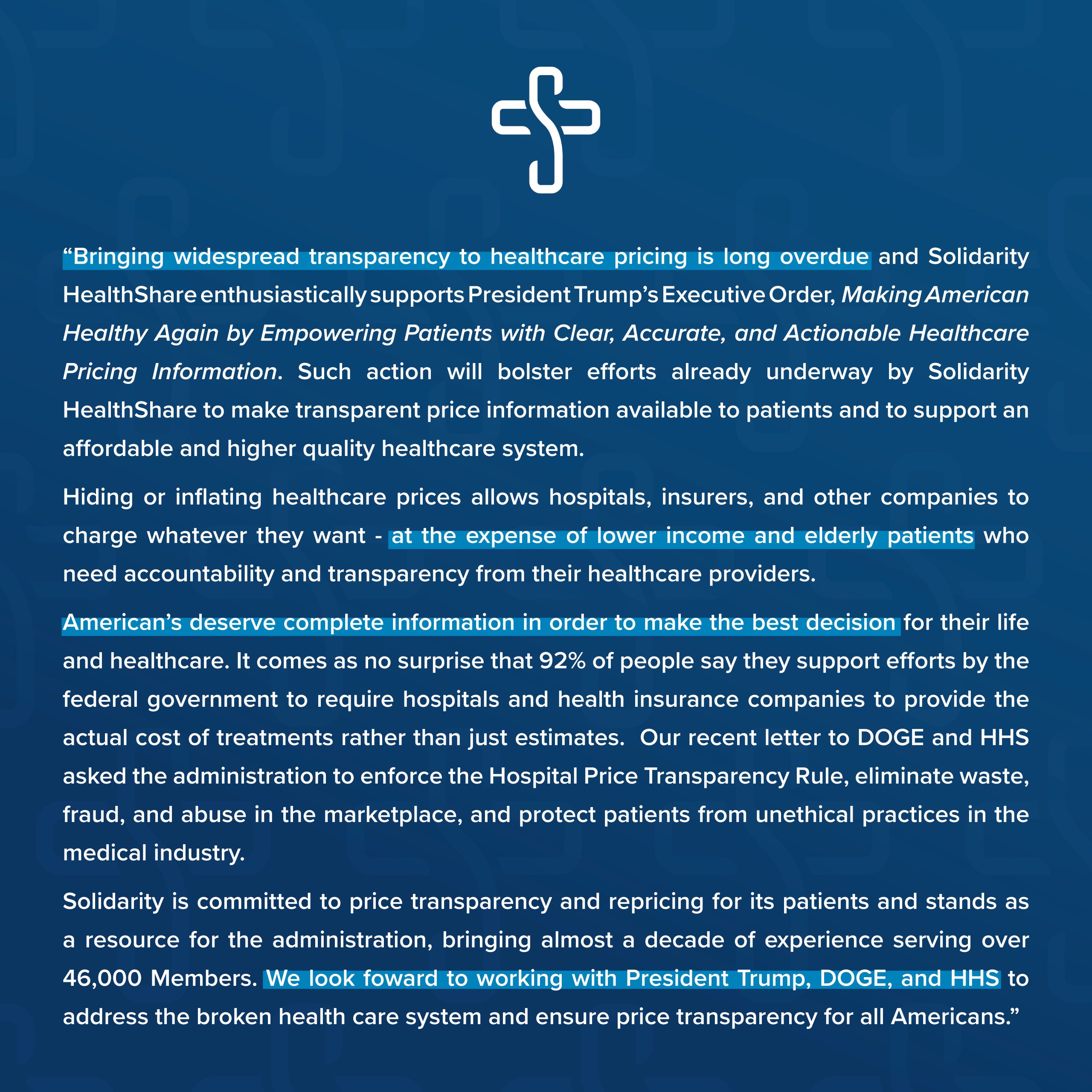 SHS Statement on executive order mandating hospitals share healthcare pricing information with consumers